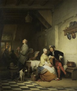 Innenraum eines Gasthauses mit Figuren in Kostümen des 17. Jahrhunderts