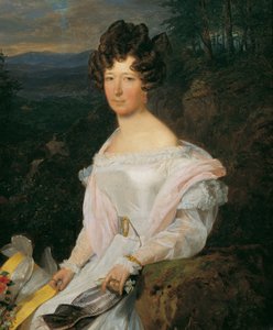 Dame in weißem Kleid vor einer Wienerwaldlandschaft von Ferdinand Georg Waldmuller