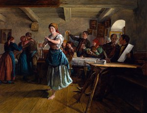 Der Eröffnungstanz. Szene in einem Café, die Kellnerin, fröhlich und barfuß, tanzt mit einer leeren Karaffe in der Hand. Um sie herum stoßen die Gäste mit ihren Bierkrügen an, auf das Wohl eines Paares. von Ferdinand Georg Waldmuller