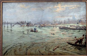 Ansicht der Brücke und des Kais der Estacade in Paris während der großen Flut von 1910, Gemälde von Ferdinand Joseph Gueldry (1858-1945) 1910