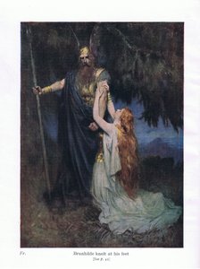 Brunhilde kniete zu seinen Füßen, Illustration aus Die Geschichten von Wagners Opern, veröffentlicht von George Harrap & Co Ltd, 1932 von Ferdinand Lecke