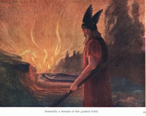 Sofort schoss ein Feuerstrahl hervor, Illustration aus Die Geschichten von Wagners Opern, veröffentlicht von George Harrap & Co Ltd, 1932 von Ferdinand Lecke