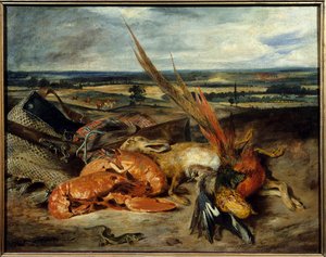 Stillleben mit Hummer und Jagd- und Fischereitrophäen von Ferdinand Victor Eugene Delacroix