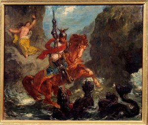 Roger befreit Angelika. Angelika, die von einem Monster von Piraten gefangen gehalten wird, wird von Roger befreit, der auf einem Hippogreif reitet. Illustration für „Der rasende Roland“ von Ludovico Ariosto. Gemälde von Eugene Delacroix. von Ferdinand Victor Eugene Delacroix