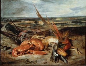 Stillleben mit Hummer und Jagd- und Fischereitrophäen von Ferdinand Victor Eugene Delacroix