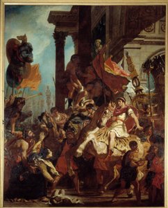Die Gerechtigkeit des Trajan. Eine Witwe, deren Sohn getötet wurde, sucht Gerechtigkeit bei Kaiser Trajan (Marcus Ulpius Trajanus, 53-117), der in den Krieg zieht. Illustration des Fegefeuers in „La Divina Commedia“ (Göttliche Komödie) von Dante Alighieri. von Ferdinand Victor Eugene Delacroix