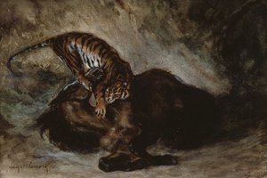 Tiger greift ein Pferd an