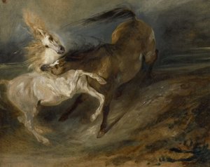 Zwei kämpfende Pferde in einer stürmischen Landschaft, ca. 1828