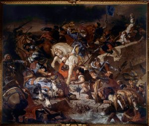 Ansicht der Schlacht von Taillebourg, gewonnen von König Ludwig dem Heiligen am 21. Juli 1242. Schlacht zwischen den kapetingischen Truppen des Königs von Frankreich Ludwig dem Heiligen und denen ihrer aufständischen Vasallen, Heinrich III. von England und von Ferdinand Victor Eugene Delacroix