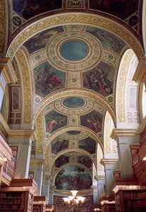 Ansicht der Kassettendecke der Bibliothek mit vergoldetem Stuckrahmen, der Zwickel mit biblischen und klassischen Szenen umrahmt, 1844