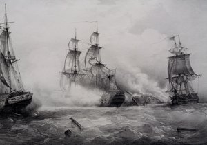 Kampf zwischen britischen und amerikanischen Dreideckern mit 74 Kanonen, Lithographie von Ferdinand Perrot