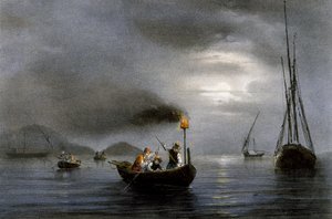 Nachtfischen mit Fischlampe, Farblithographie von Ferdinand Perrot von Ferdinand Victor Perrot