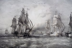 Paul Jones greift die britische Flotte unter dem Kommando von Pearson an und kommt aus der Ostsee von Ferdinand Victor Perrot