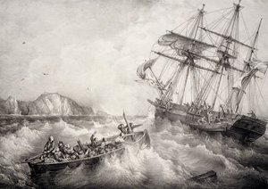 Rettung der Besatzung eines bretonischen Fischerbootes durch das schwedische Schiff Le Neptune, Lithographie von Ferdinand Perrot von Ferdinand Victor Perrot