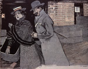 Mann belästigt eine junge Frau. Illustration von F. Von Reznicek in: Simplicissimus, Deutschland von Ferdinand von Reznicek