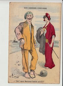 Postkarte, satirisch in Farben: Ihre letzte Uniform - Krieg von 14-18 - Marianne, Wilhelm II. Illustration von Gottlob (1873-1935) von Fernand Louis Gottlob