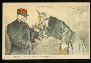 Postkarte, Satirisch in Farben, ca. 1914_12: Ein kleines Geschenk, das ich mit meinen besten Wünschen für 1915 anbiete - Krieg von 14-18, Kanonen, Granaten - Wilhelm II., Joffre Illustration von Gottlob (1873-1935) von Fernand Louis Gottlob