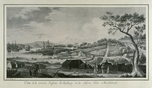 MALASPINA, Alejandro (1754-1809). Italienisch-spanischer Navigator und Entdecker.; BRAMBILA, Fernando (1763-1834). Maler. Australien (18. Jh.). Englische Kolonie New South Wales. Zeichnung von Fernando Brambila, die die wissenschaftliche Expedition von Ale