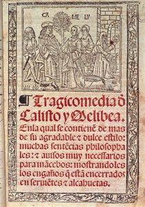 Miniatur auf Pergament auf dem Einband der Celestina oder Tragicomedia de Calisto y Melibea, spanisches Manuskript von Fernando de Rojas, veröffentlicht 1531 von Fernando de Rojas