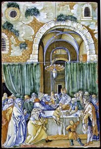Tafel darstellend Die Ablehnung von Joachims Opfer, wahrscheinlich von Ferruccio Mengaroni nach Albrecht Dürer ca. 1900-25, Italien, aus Pesaro
