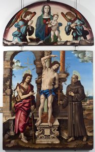 Der heilige Sebastian umgeben von Johannes dem Täufer und Franz von Assisi. Zentrales Panel. Oben die Jungfrau mit Kind. Holzgemälde von Filippo Lippi (1451-1504)