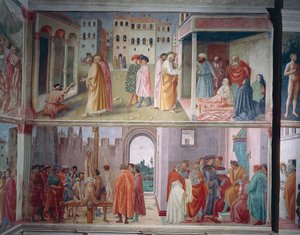Die Heilung des Gelähmten und die Auferweckung der Tabitha, Der heilige Petrus konfrontiert Simon Magus vor Nero und Das Martyrium des Heiligen Petrus (Fresken) von Filippino Lippi