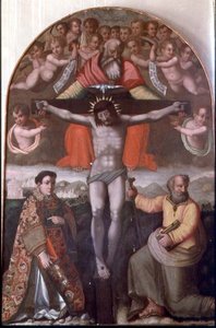 Dreifaltigkeit mit den Hl. Stephanus und Philippus, Mittelteil eines Altars (Tempera auf Holz)