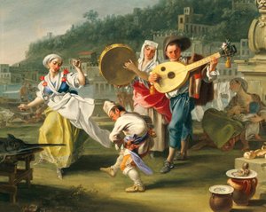 Tarantella in Mergellina, ca. 1750, von Filippo Falciatore, Öl auf Leinwand, Detail von Filippo Falciatore