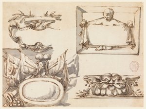 Ein Wappen, eine Trophäe, ein Etikett, ein dekoratives Motiv für ein Fries, 1750–1775
