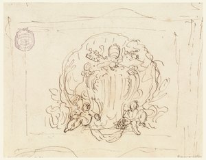 Zeichnung, Tafel mit dem Wappen von Papst Benedikt XIV mit Muschel als Hintergrund, 1740–58 von Filippo Marchionni