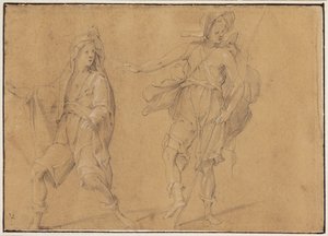 Eine laufende Figur mit Mantel über dem Kopf und ein stehender Mann mit Hut und Stab von Filippo Paladini