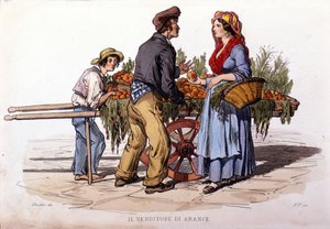 Kleingewerbe der Stadt Neapel: der wandernde Orangenverkäufer. Gravur nach einem Gemälde von F. Palizza. Aus einem Werk von Francesco de Bourcard „Costumi del regno di Napoli“ von Filippo Palizzi