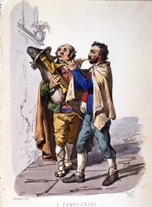 Dudelsackspieler (Zampogna). Gravur nach einem Gemälde von F. Palizza. Aus einem Werk von Francesco de Bourcard „Costumi del regno di Napoli“