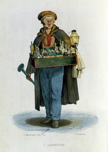 Kleingewerbe der Stadt Neapel: ein reisender Branntweinverkäufer. Gravur nach einem Gemälde von F. Palizza. Aus einem Werk von Francesco de Bourcard „Costumi del regno di Napoli“