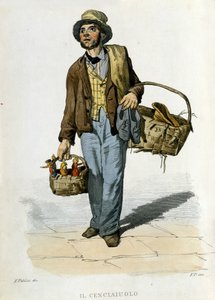 Kleines Gewerbe der Stadt Neapel: der Lumpensammler. Er war eine Figur, die alte Stoffe und Kleidung aufhob, die er gegen Stücke Seife eintauschte. Gravur nach einem Gemälde von F. Palizza. Aus einem Werk von Francesco de Bourcard „Costumi del regno di Nap von Filippo Palizzi