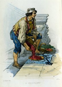 Kleingewerbe der Stadt Neapel: der „fragolaro“, ein neapolitanischer Erdbeerhändler. Gravur nach einem Gemälde von F. Palizza. Aus einem Werk von Francesco de Bourcard „Costumi del regno di Napoli“