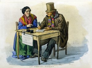 Kleines Gewerbe der Stadt Neapel: der öffentliche Schreiber. Gravur nach einem Gemälde von F. Palizza. Aus einem Werk von Francesco de Bourcard „Costumi del regno di Napoli“