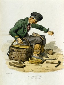 Kleingewerbe der Stadt Neapel: der Schuster. Gravur nach einem Gemälde von F. Palizza. Aus einem Werk von Francesco de Bourcard „Costumi del regno di Napoli“ von Filippo Palizzi