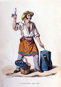 Kleingewerbe der Stadt Neapel: der Verkäufer von Eiscreme und Sorbets. Stich nach einem Gemälde von F. Palizza. Aus einem Werk von Francesco de Bourcard „Costumi del regno di Napoli“ von Filippo Palizzi