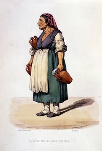 Kleingewerbe der Stadt Neapel: wandernde Verkäuferin von Schwefelwasser. Gravur nach einem Gemälde von F. Palizza. Aus einem Werk von Francesco de Bourcard „Costumi del regno di Napoli“