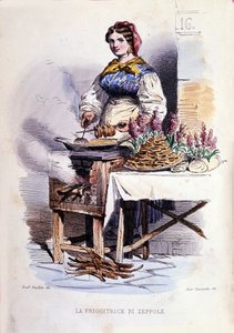 Kleingewerbe der Stadt Neapel: gehende Verkäuferin von Zeppolle, Spezialität der neapolitanischen Patisserie. Gravur nach einem Gemälde von F. Palizza. Aus einem Werk von Francesco de Bourcard „Costumi del regno di Napoli“ von Filippo Palizzi