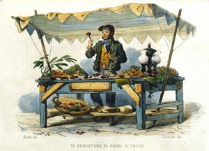Kleiner Beruf der Stadt Neapel: der Verkäufer von stacheligen Feigen. Gravur nach einem Gemälde von F. Palizza. Aus einem Werk von Francesco de Bourcard „Costumi del regno di Napoli“