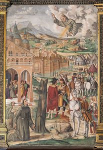 Der Heilige erscheint dem seligen Luca Belludi und sagt die Befreiung von Padua voraus, Schule des Heiligen von Filippo da Verona
