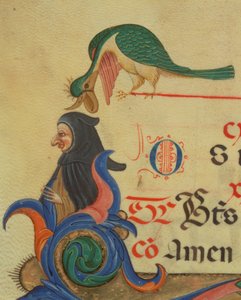 Missale 515 42r Ein fantastischer Vogel über einer verhüllten Figur, Detail (Initiale R und Rand) aus einem Chorbuch
