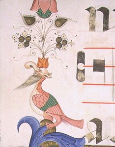 Missale 515 f.120v Grotesker Vogel mit menschlichem Kopf, Detail des dekorativen Randes aus einem Chorbuch vor 1449 (Pergament)