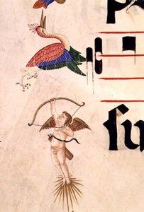 Missale 515 f.5r Ein Cherub schießt einen Storch mit Pfeil und unsichtbarem Bogen (Detail des dekorativen Randes)
