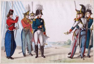 Alexander I., Zar von Russland (1777-1825) - Zar Alexander I. und russische Offiziere - Finert (Finart), Noel Dieudonne (1797-1852) - 1815 - Aquarell auf Papier - 23,3x34,5 - Privatbesitz