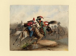 Französische Pferdejäger der kaiserlichen Garde im Kampf mit den russischen Kosaken, ca. 1830