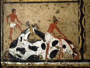 Ägyptische Antiquität: Ein Stier wird vor einem Sarkophag geopfert. Detrempe auf Ton und Stroh aus dem Grab des Generals und Kanzlers des Königs Iti in El Ghebelen bei Luxor. 2200-2000 v. Chr. Turin, Ägyptisches Museum