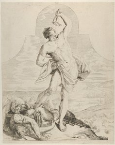 Samson hält den Kieferknochen eines Esels über seinem Kopf und steht neben den Philistern von Flaminio Torre